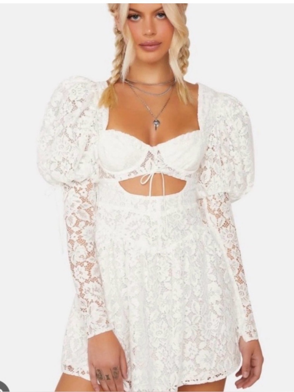 For Love And Lemons Frances White Lace Puff Sleeve Mini Dress